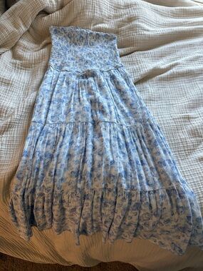 Aeropostale Light Blue and White Smocked Waist Maxi Dress